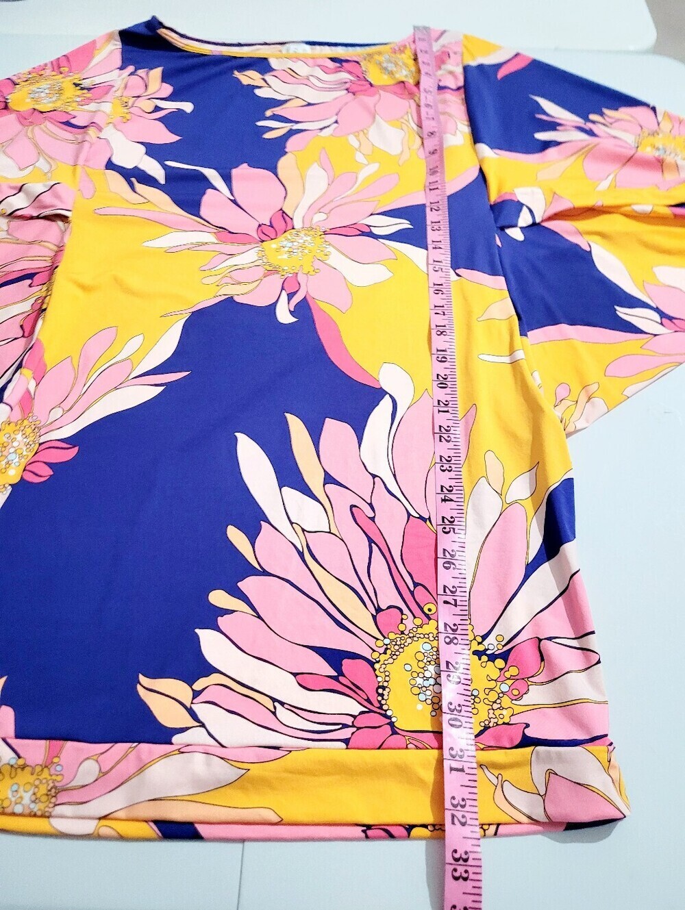 Trina Turk Floral Shift Dress Large L Pink Yellow Blue Bell Sleeve Stretch Beach - Picture 5 of 11